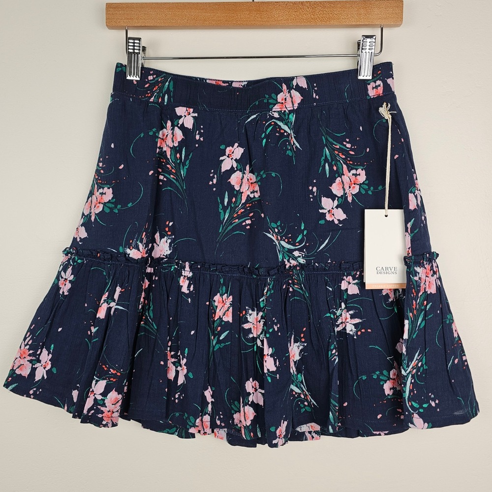 NWT Carve Designs Skirt Womens XS Navy Bouquet Floral Organic Cotton Tiered